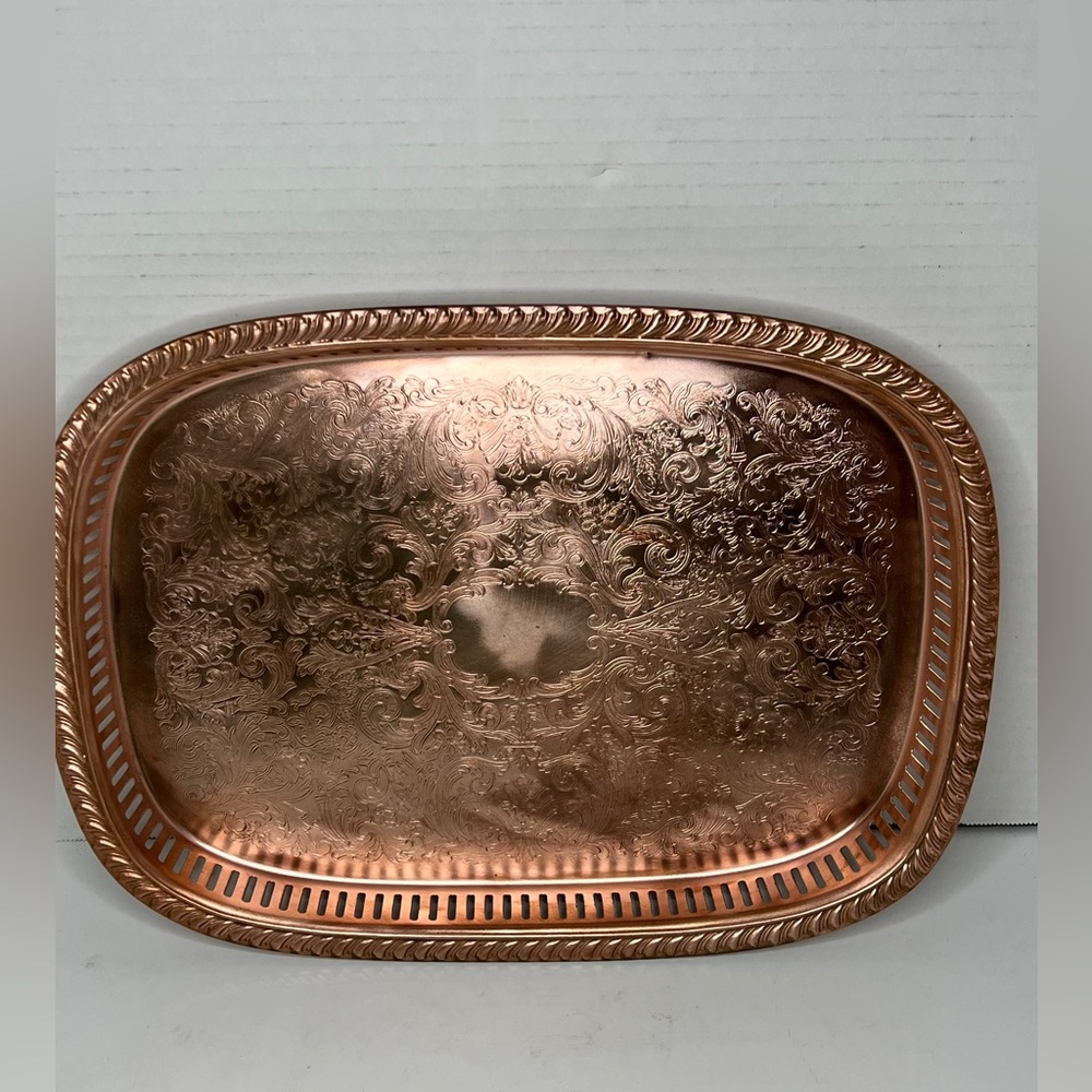 Vintage Copper Serving Tray w/ filigree cut outs & etched floral design